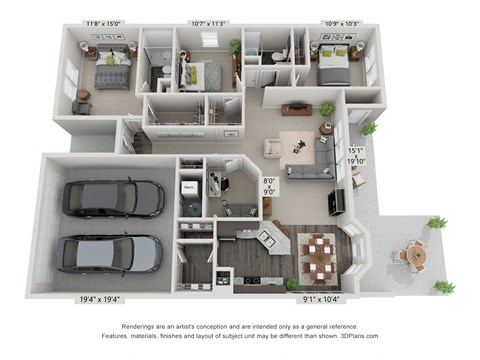 Floor plan for 3 beds, 2 baths, 1492 sqft